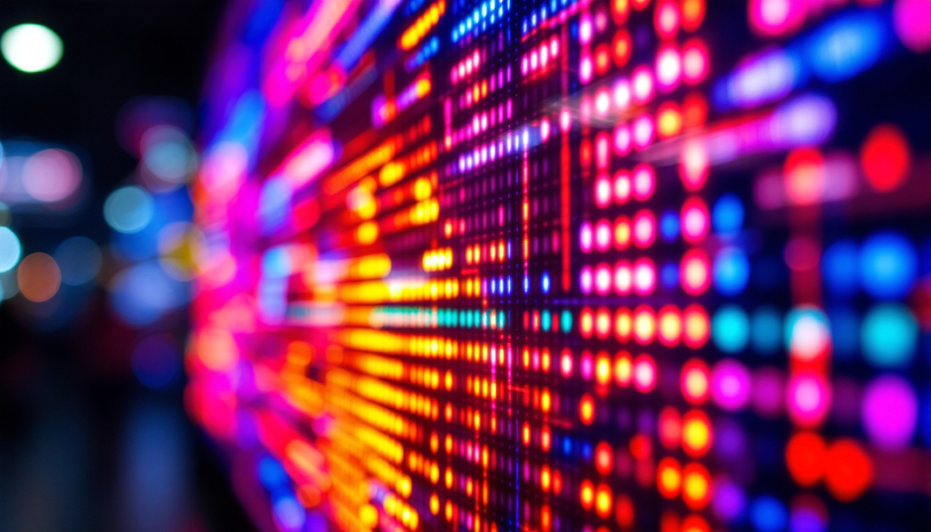 A photograph of a close-up shot of a vibrant led display in action