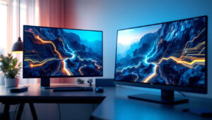 A photograph of a side-by-side comparison of an lcd and an led display