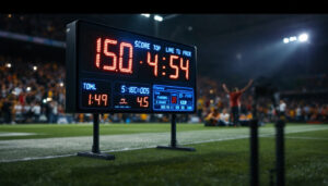 A photograph of a vibrant portable digital scoreboard in use at an outdoor sporting event