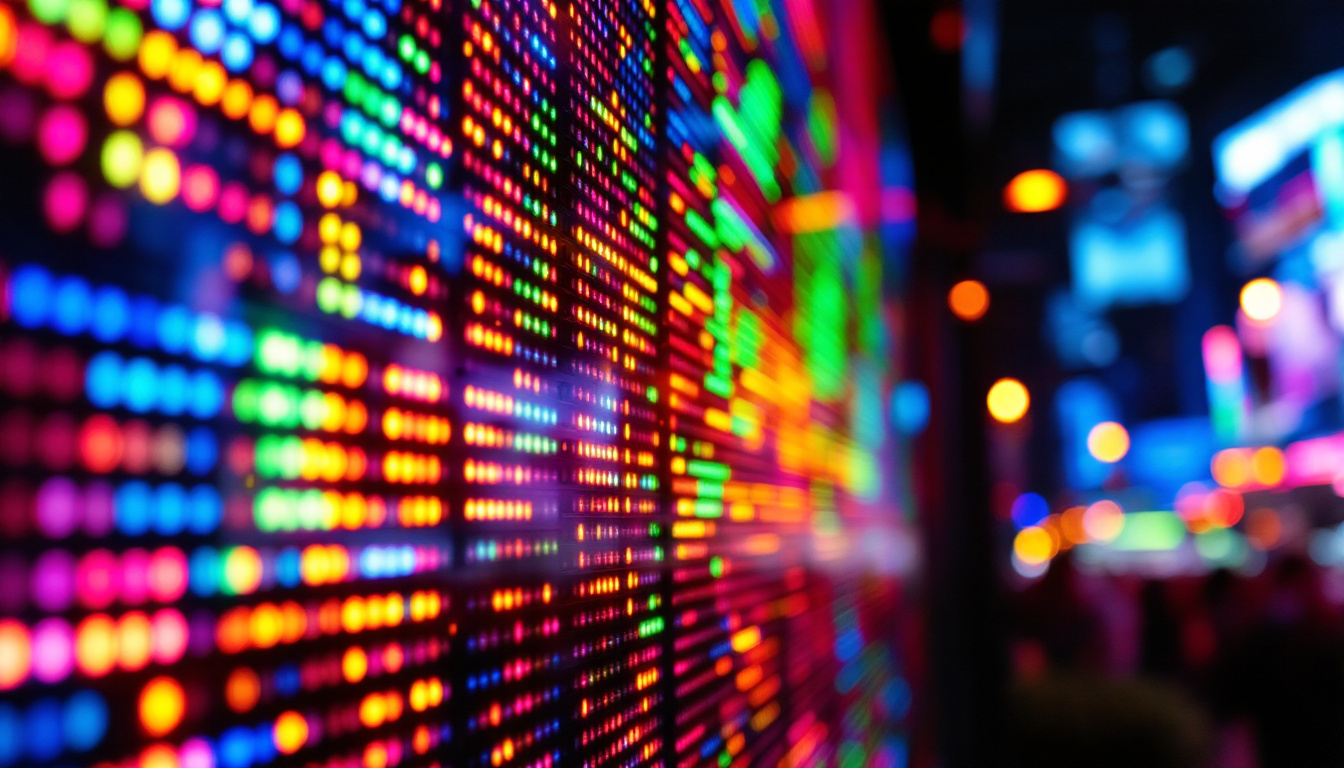 A photograph of a close-up shot of a vibrant led display in action