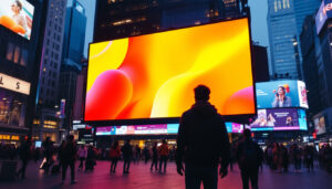 A photograph of a vibrant led display in a bustling urban environment