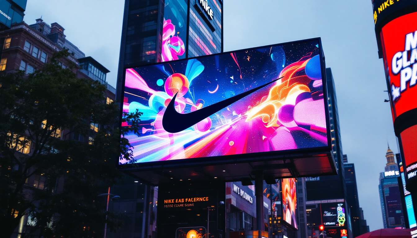 A photograph of capture a photograph of a vibrant nike billboard featuring an led display in an urban setting