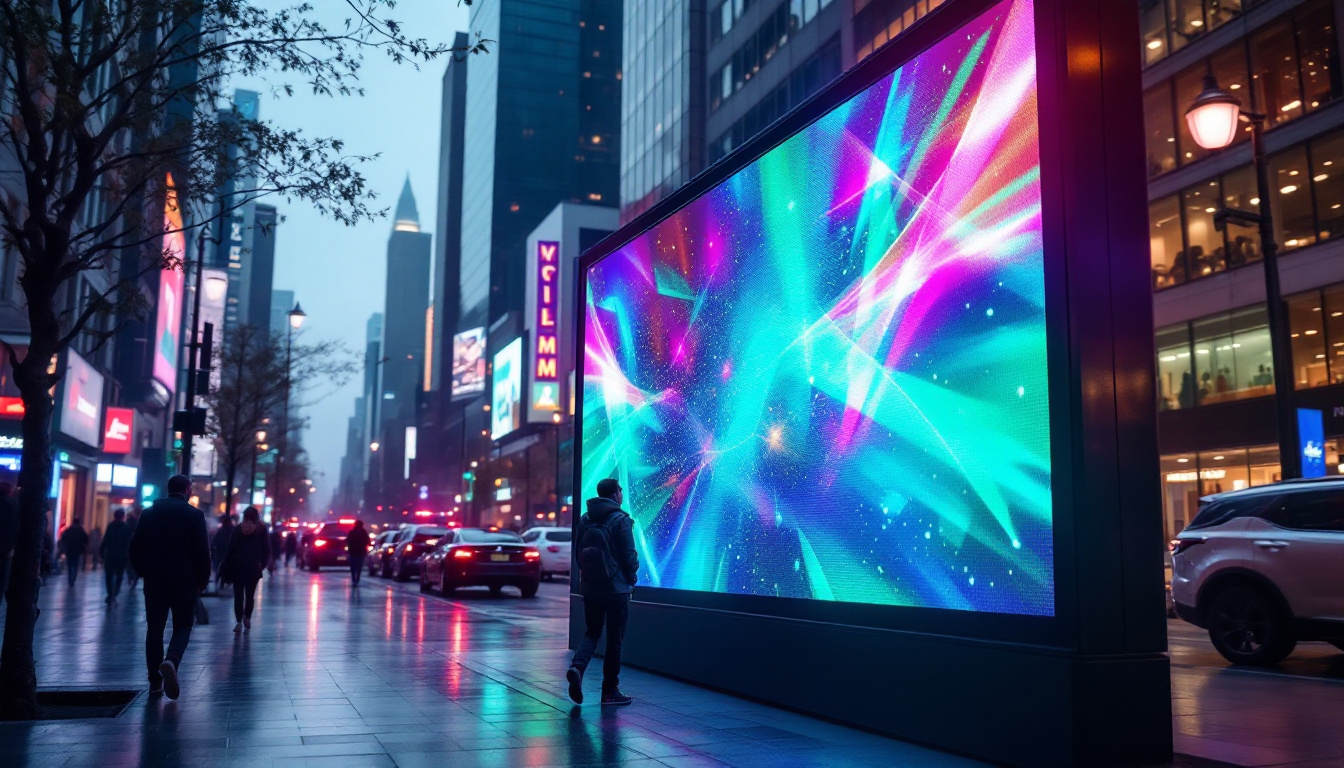 A photograph of a vibrant outdoor advertising screen showcasing dynamic led visuals in an urban setting