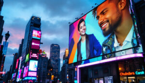 A photograph of capture a photograph of a vibrant led billboard in new york city