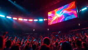 A photograph of capture a photograph of a vibrant led scoreboard in action at a sporting event
