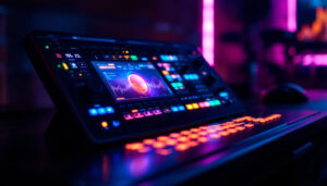 A photograph of capture a photograph of a sleek led control box in a dimly lit environment