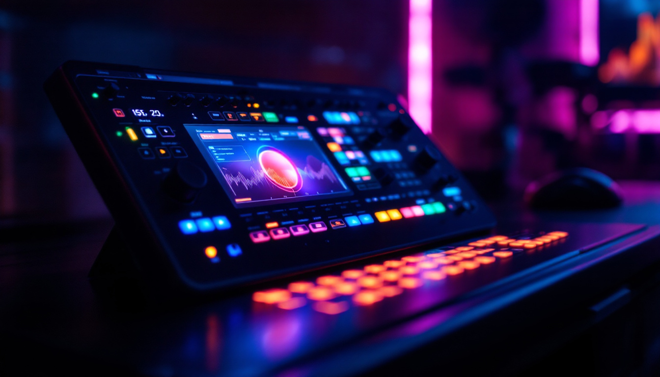 A photograph of capture a photograph of a sleek led control box in a dimly lit environment
