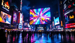 A photograph of a vibrant led display in a bustling urban setting at night