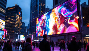 A photograph of a vibrant led billboard displaying dynamic advertisements in an urban setting