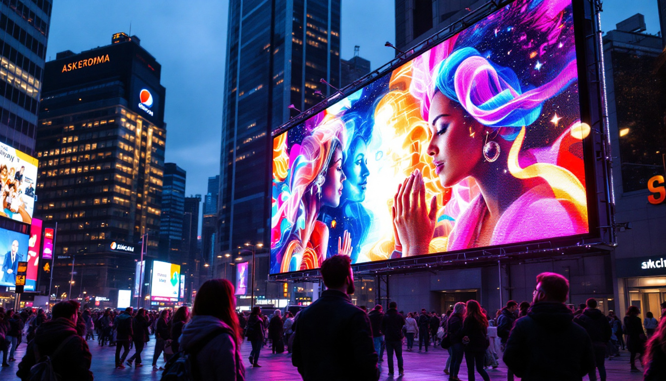 A photograph of a vibrant led billboard displaying dynamic advertisements in an urban setting