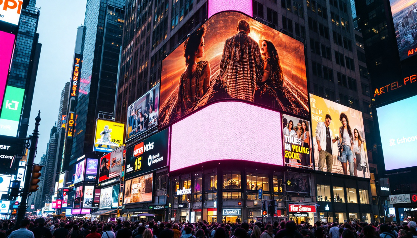 A photograph of capture a photograph of a vibrant times square scene featuring a prominent led billboard displaying dynamic advertisements