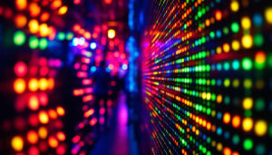 A photograph of a vibrant led display in a dimly lit environment