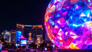 A photograph of the las vegas spherical led screen at night