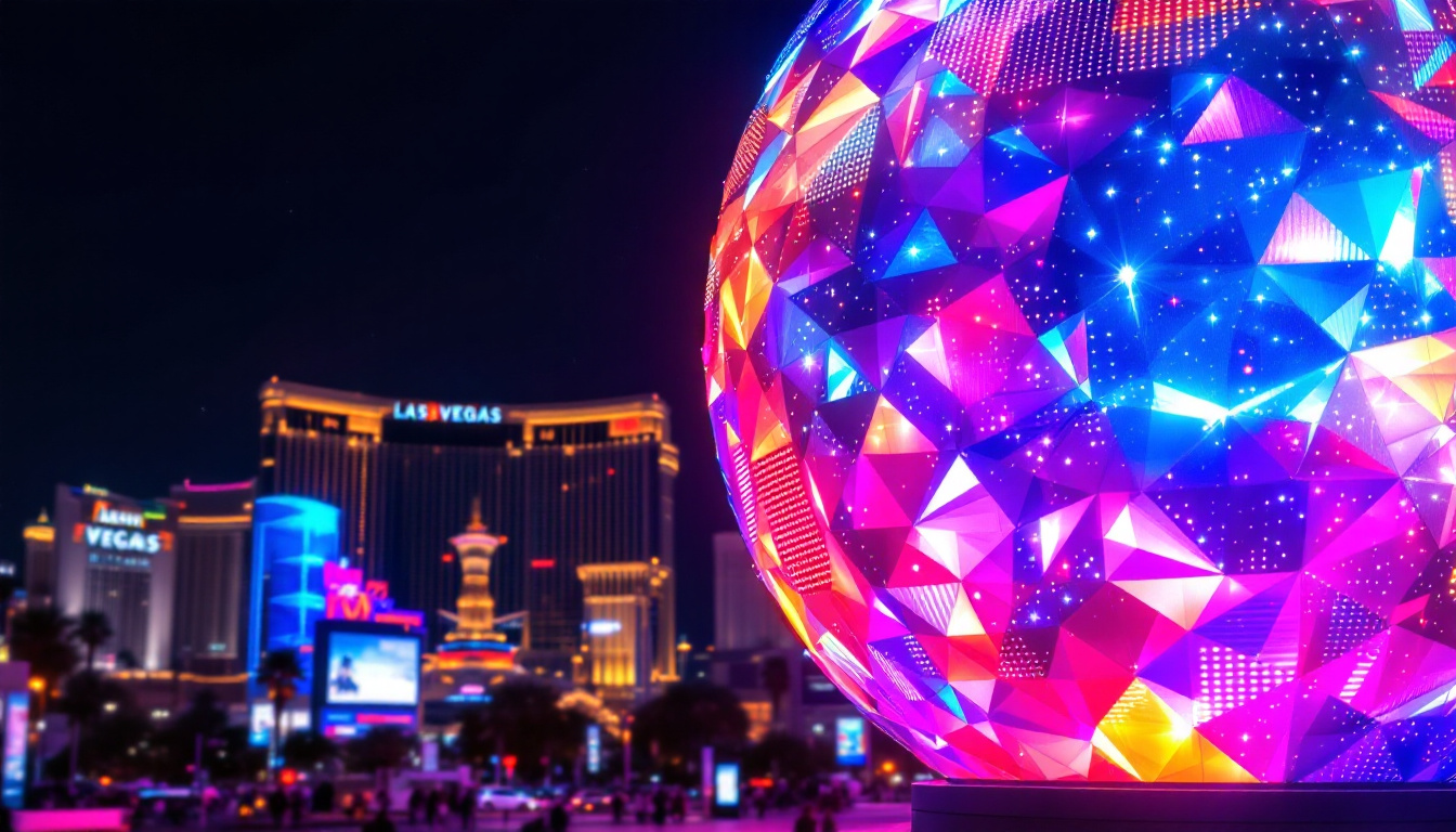 A photograph of the las vegas spherical led screen at night