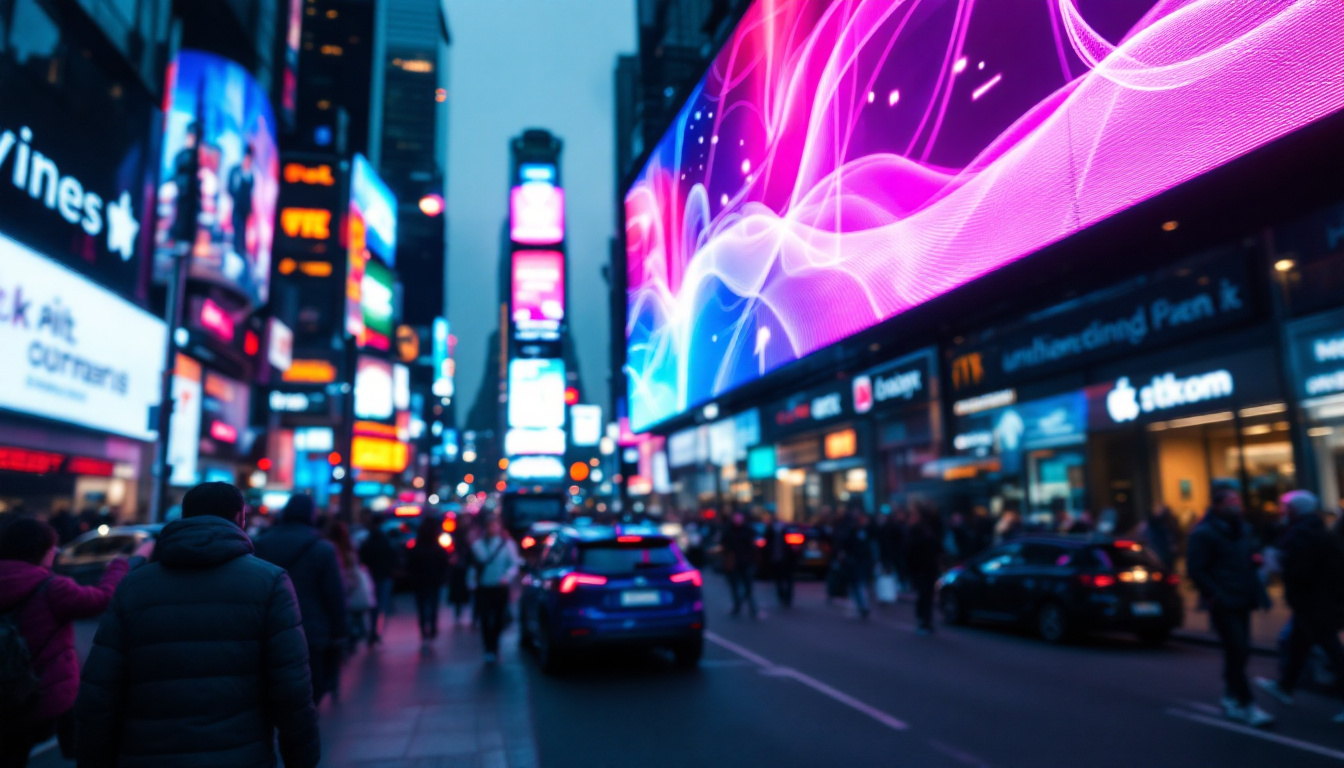 A photograph of a vibrant led display in a bustling urban environment