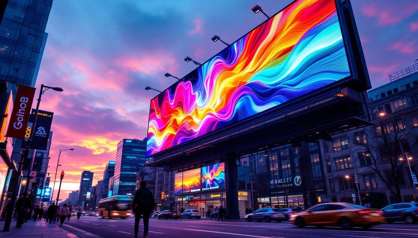 A photograph of a vibrant led billboard in an urban setting at dusk
