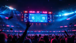 A photograph of a vibrant led digital scoreboard displaying live football game scores and statistics
