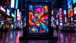 A photograph of a vibrant led display featuring a metaled poster in a dynamic urban setting