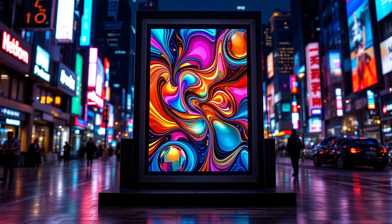 A photograph of a vibrant led display featuring a metaled poster in a dynamic urban setting
