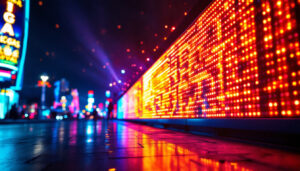 A photograph of a vibrant led display in las vegas at night