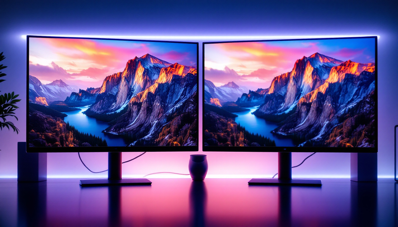 A photograph of a side-by-side comparison of two monitors displaying the same image