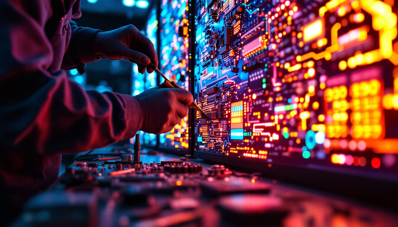 A photograph of a technician skillfully repairing an led display