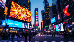 A photograph of a vibrant led billboard in a busy new york city street
