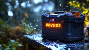 A photograph of a weather-tight toolbox prominently featuring an led display