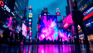 A photograph of a vibrant led display in a bustling urban setting