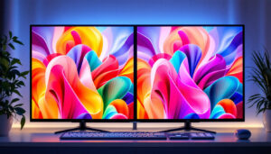 A photograph of a side-by-side comparison of a vibrant led screen and a traditional lcd screen