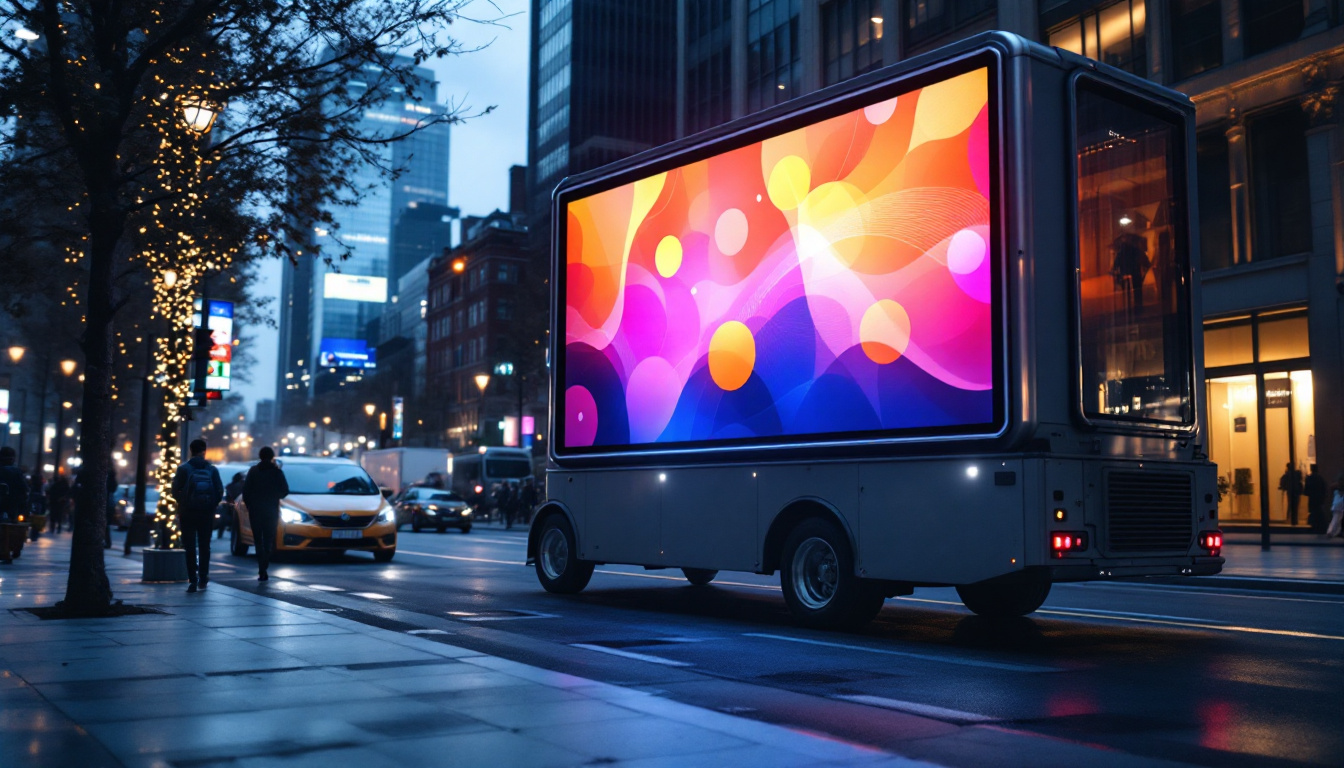 A photograph of a vibrant mobile billboard featuring an eye-catching led display in an urban setting