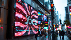 A photograph of capture a photograph of a vibrant outdoor led electronic sign displaying dynamic content in a busy urban setting