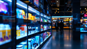 A photograph of capture a photograph of a modern retail space featuring sleek led display shelves showcasing vibrant products