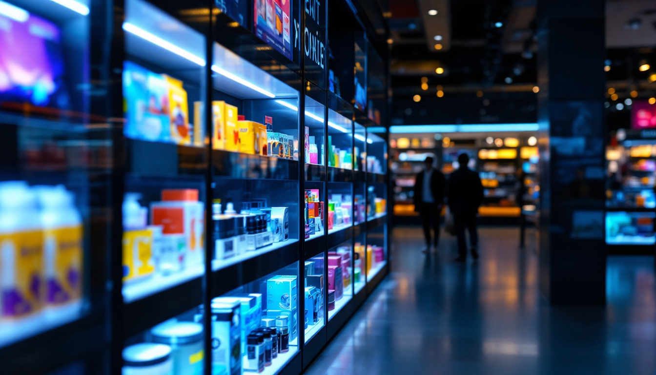 A photograph of capture a photograph of a modern retail space featuring sleek led display shelves showcasing vibrant products