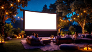 A photograph of a vibrant outdoor movie night scene featuring a large led projector screen displaying a film