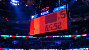 A photograph of capture a photograph of a vibrant lynx scoreboard led display in action during a live sports event