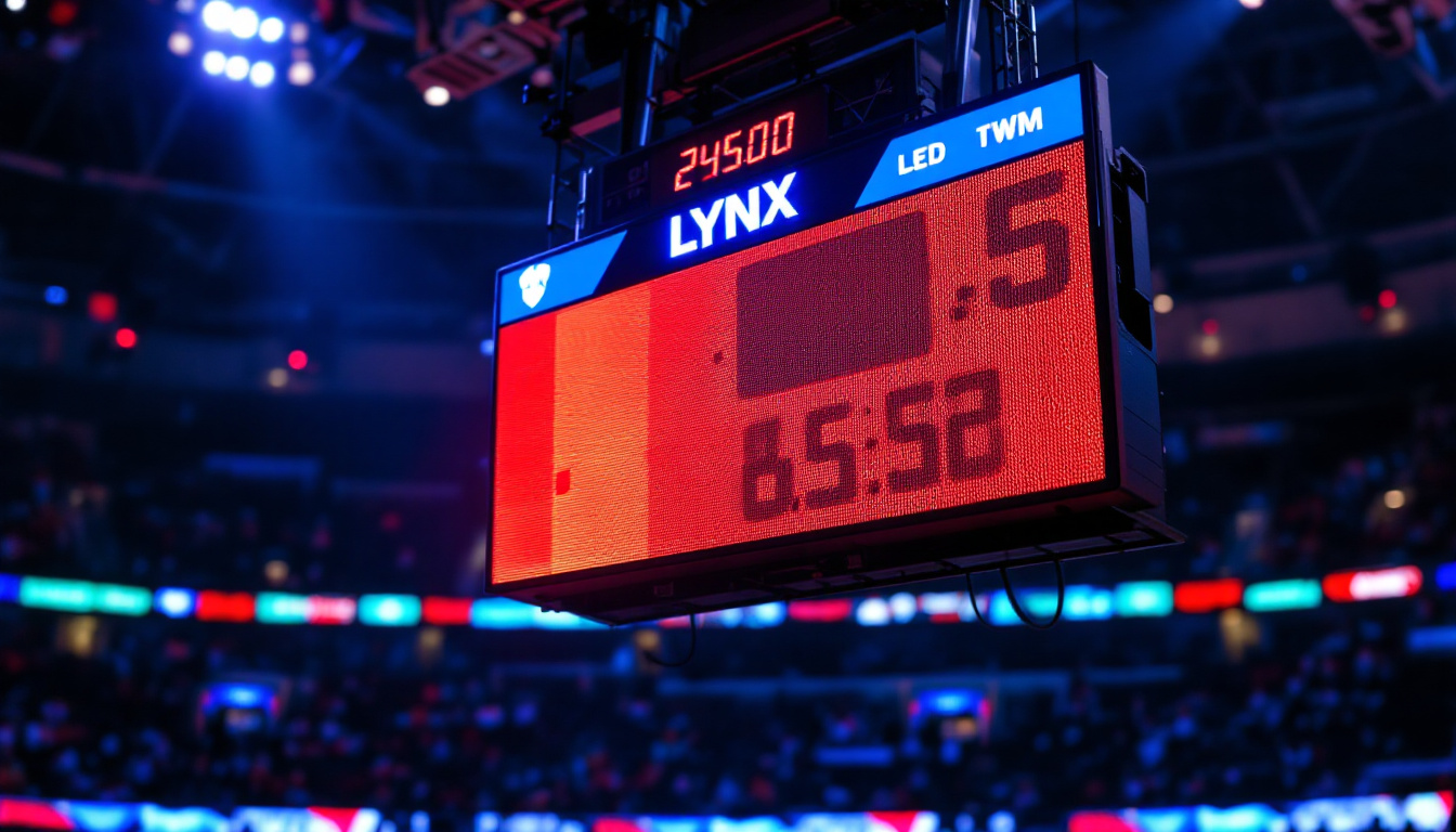 A photograph of capture a photograph of a vibrant lynx scoreboard led display in action during a live sports event