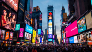 A photograph of capture a photograph of the vibrant led displays in times square at dusk