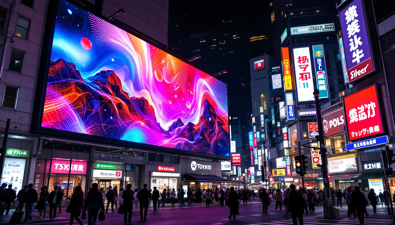 A photograph of a vibrant tokyo street scene featuring a large
