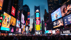 A photograph of capture a photograph of the vibrant led billboards in times square at dusk