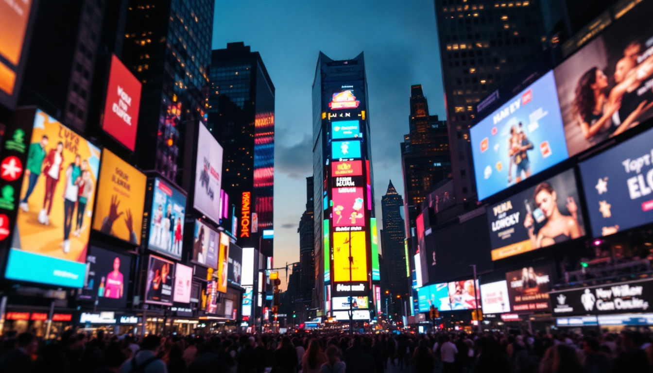 A photograph of capture a photograph of the vibrant led billboards in times square at dusk