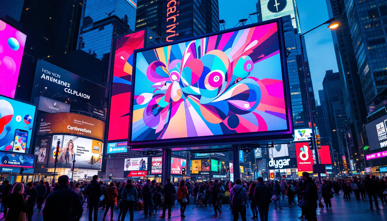 A photograph of capture a photograph of a vibrant urban scene featuring a large led animated billboard displaying dynamic graphics