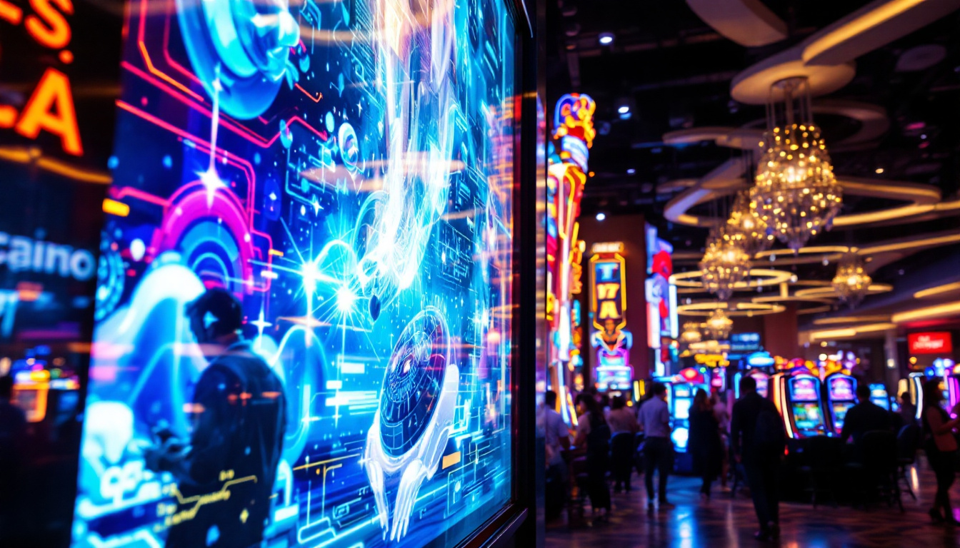 A photograph of a vibrant casino scene featuring a large