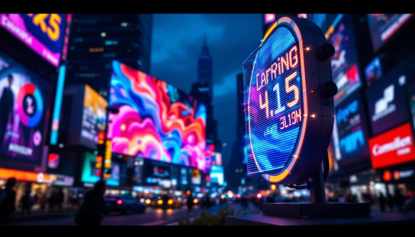 A photograph of a vibrant led display in a bustling urban setting