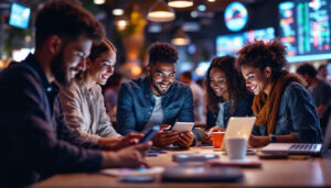 A photograph of a diverse group of people interacting with various devices—such as smartphones