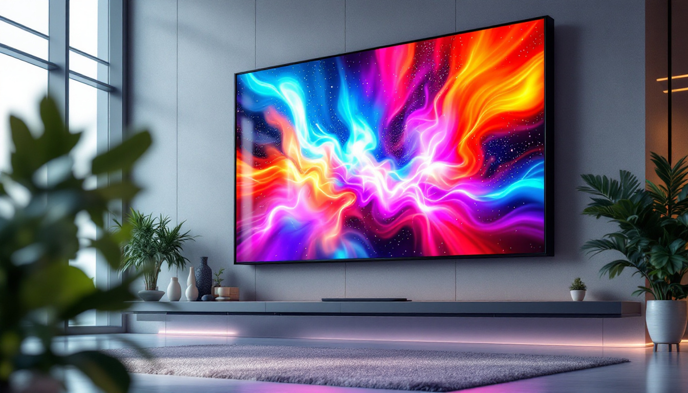 A photograph of a vibrant led screen displaying dynamic visuals in a modern setting