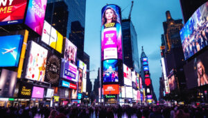 A photograph of capture a photograph of the vibrant time square jumbotron at night