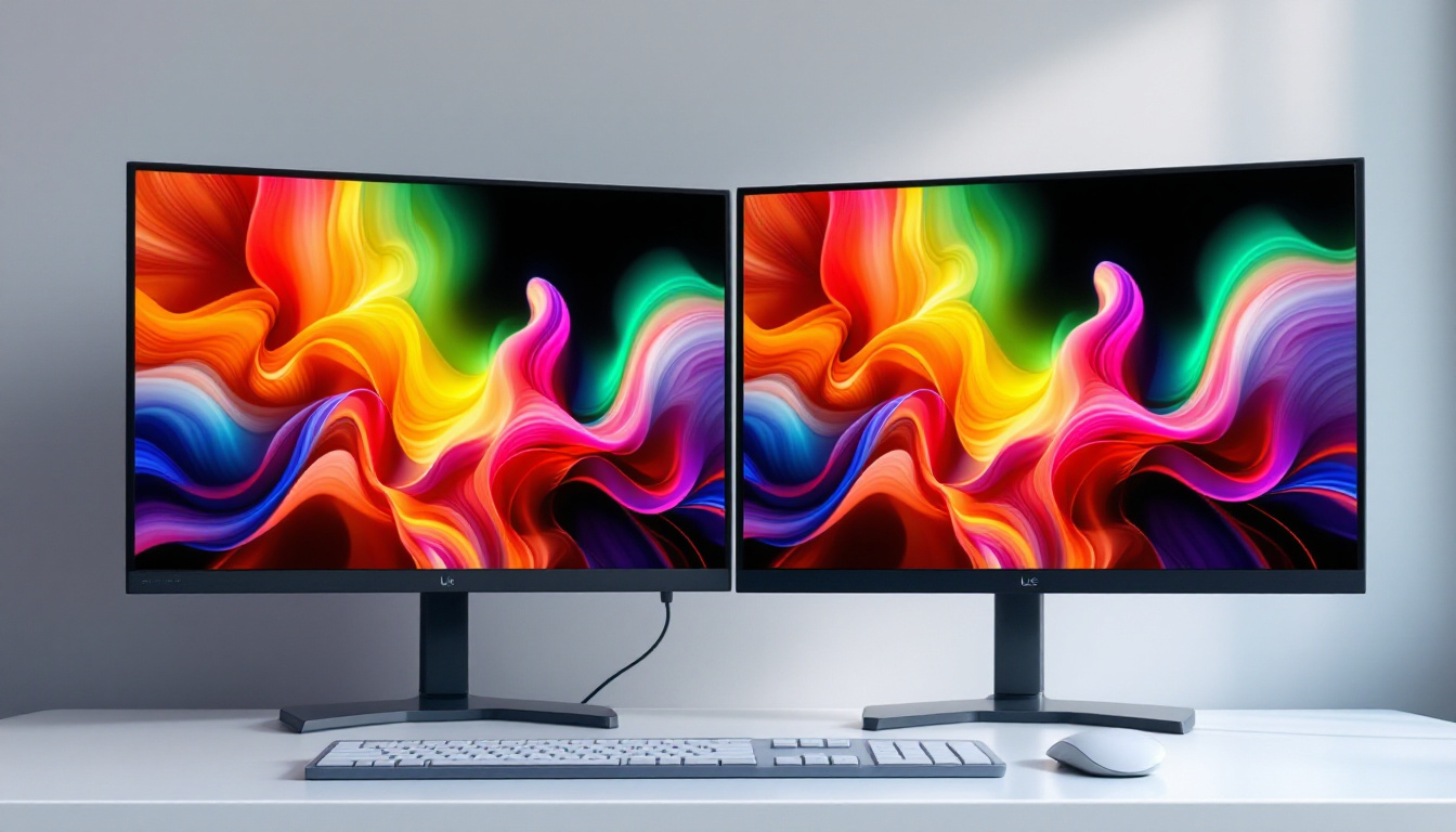 A photograph of a side-by-side comparison of an led and an lcd computer screen displaying vibrant images