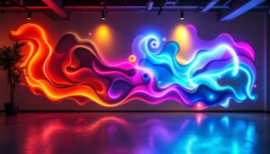 A photograph of a vibrant and creatively designed led wall art installation in a contemporary setting