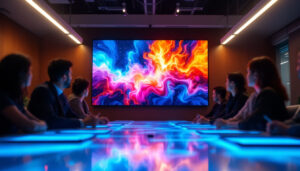 A photograph of a vibrant led display in a dynamic setting